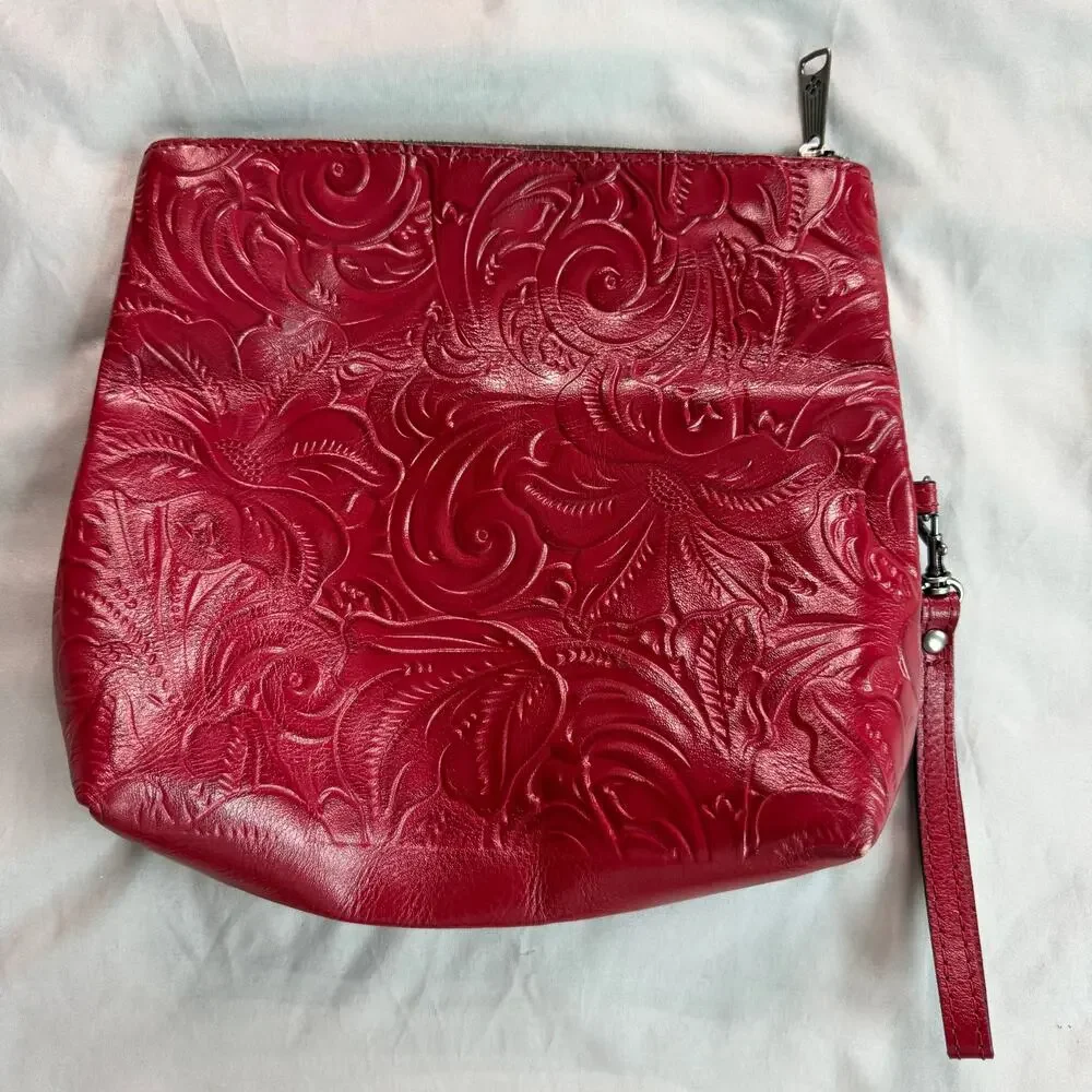 Patricia Nash Tooled Leather Foldover Clutch Wristlet Red Floral Embossed